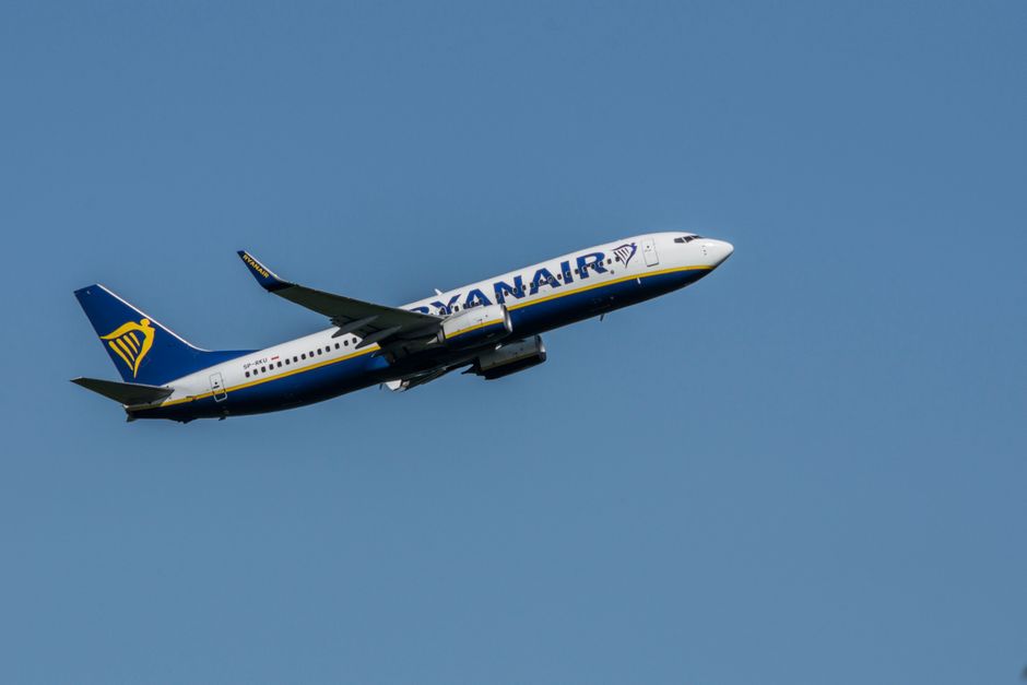 No flowers are present in this image of a Ryanair commercial airplane flying in a clear blue sky. The aircraft is painted in white, blue, and yellow, with the Ryanair logo and name displayed prominent