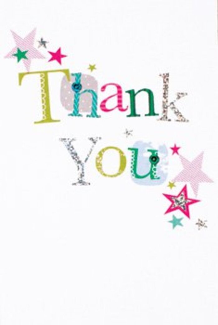 There's an artful poise to this thank you card, reminiscent of the understated sophistication often found in Lower Clapton's creative corners. Each letter in 'Thank You' is beautifully composed-some whimsical with lively dots and curved lines, others almost lyrical in their grace. Splashes of vibrant colour-sunny greens, playful pinks, and radiant blues-sit confidently on a pristine white background, while clusters of stars shimmer nearby, their stripes and silver hints catching the light like reflections on the River Lea. The composition is airy, modern, and thoughtfully balanced, conjuring the feel of a well-curated arrangement from a local florist. Texture plays a quiet but vital role, evoking the tactile joy of a card lovingly chosen at a family-run shop off Lower Clapton Road. With its open sentiment and gentle celebratory tone, this card feels at home alongside a bouquet for any occasion-a heartfelt thank you that carries both elegance and warmth, as enduring as the friendships formed in this vibrant part of Hackney.