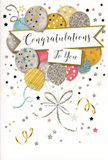 This image shows a beautifully illustrated congratulations card that feels like a small, captured moment of a party in Lower Clapton, full of lightness and joy. A central cluster of rounded balloons floats upward, overlapping in gentle layers of warm gold, muted silver, champagne beige, soft sky blue, blush pink, and a hint of dove grey. Each balloon features elegant details-tiny glimmering stars, fine lines of metallic glitter, or subtle patterns-that add depth and a touch of glamour, like evening lights reflecting off windows near Clapton Pond. Graceful ribbons in gold and silver tumble down from the balloon cluster in loose, calligraphic curves, giving the impression that the balloons are being held just off-frame, poised to rise higher in celebration. Around them, the background is sprinkled with scattered stars, delicate confetti dots, and swirling ribbon motifs that evoke the carefree joy of a surprise party or a toast after good news. Cutting across the middle of the design is a flowing banner with the words "Congratulations To You" scripted in decorative, slightly raised lettering, the kind that feels special under the fingertips. The palette is soft yet luminous, with the glitter highlights catching the eye like a hint of sparkle on a celebratory bouquet. Altogether, the card communicates heartfelt pride and happiness-perfect to sit beside flowers delivered to a new graduate, someone starting a dream job, or a friend in Lower Clapton marking a meaningful success that deserves to be remembered and cherished.