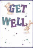This cheerful get well card radiates playful optimism, brought to life with the charm Lower Clapton residents will recognise. Against a gentle cream backdrop, a teddy bear and floppy-eared puppy spring vividly from the scene, each joyfully holding and balancing the large, colourful letters that spell out 'Get Well'. Deep indigos and teals in the text contrast beautifully with the light background, infusing the composition with gentle energy, much like the uplifting feeling of wildflowers by Hackney Marshes. Twinkling stars in shades of blue and amethyst scatter across the card, each one a symbol of hope and the local spirit of encouragement. The bear's illustrated fluff and the puppy's soft fur evoke tactile comfort-inviting hugs and the unwavering support that runs through Lower Clapton's close-knit streets. There is an unmistakable warmth and sincerity stitched into every detail, mirroring the intention behind a hand-tied bouquet for recovery, thoughtfully selected from Lower Clapton Florist and delivered with care to a neighbour in need.