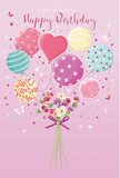 The image captures a dreamy birthday moment, as if imagined by a florist who knows the gentle rhythm of Lower Clapton mornings. A soft pink background sets the stage for a cluster of pastel balloons that float upwards, carrying with them the spirit of celebration. Each balloon has its own charming design: some swirl with candy-striped ribbons, others are dotted with playful spots, a few bloom with delicate floral motifs, and at the centre, a heart-shaped balloon glows with soft affection. Their colours - blush pink, seafoam, lemon yellow, lilac, and teal - are carefully balanced, and the glossy sheen suggests light streaming in like sunshine over Clapton's terraced streets. Tethered to this airy display is a small, hand-tied bouquet resting at the base. The flowers, reminiscent of petite roses and anemone-style blooms, cluster together in creamy ivory, subtle blush, and muted mauve, their feathery petals layered to create depth and softness. A violet satin bow secures the slim stems, its rich purple tone anchoring the pastel haze above. Tiny stars and butterflies hover around the arrangement, offering a hint of fairy-tale wonder and the feeling of confetti caught mid-air. The composition feels light, sweet, and full of promise - like sending birthday flowers to someone special near Hackney Marshes, hoping to brighten their day. Every curve, colour, and detail suggests the careful eye of a professional florist, turning a simple birthday card into an unforgettable keepsake that radiates warmth and joy.