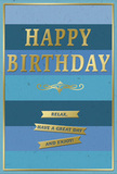 This birthday card is shown as if it has just been placed beside a fresh bouquet on a dining table in a Lower Clapton townhouse, its calm colours and glinting gold details inviting a slow, happy pause. The background is built from wide, horizontal stripes that slide from a rich navy at the top into softer denim, then teal and finally pale sky blue, forming a smooth ombre that feels as peaceful as watching clouds drift over Hackney Marshes. In the centre, the words "HAPPY BIRTHDAY" rise in large, embossed gold capitals, the metallic surface catching imaginary light so that the letters glow gently rather than flash. Beneath the greeting runs a delicate golden flourish-an elegant, curling line that separates the main message from the smaller text while adding a subtle hint of vintage charm. Three slim gold banners rest in a neat stack underneath, each carrying part of the sentiment "Relax, have a great day and enjoy!" in tidy, understated lettering. A fine gold border traces the card's outer edge, framing the layered blues like a finished painting and giving a sense of completeness. The card appears to be made from smooth, slightly velvety stock, thick enough to feel special in the hand. Altogether, the design speaks of quiet celebration-ideal for someone who prefers thoughtful, refined birthday wishes, perhaps delivered alongside seasonal flowers arriving the same day to a home near Clapton Pond or along the familiar stretch of Lower Clapton High Road.
